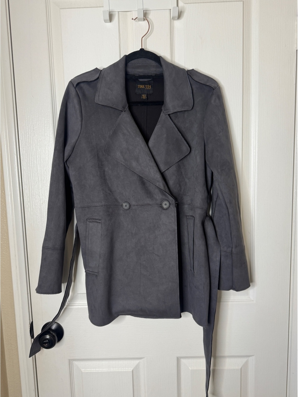 Truth by Republic Women’s XS Gray Faux Suede Trench Coat Belted Jacket Moto